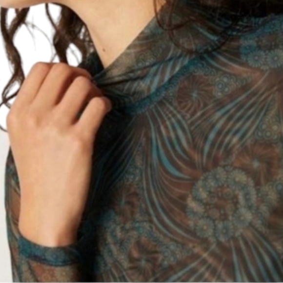 Womens Anthropologie Sheer Black Green Pullover Floral Blouse Mock Turtleneck M - Picture 4 of 15